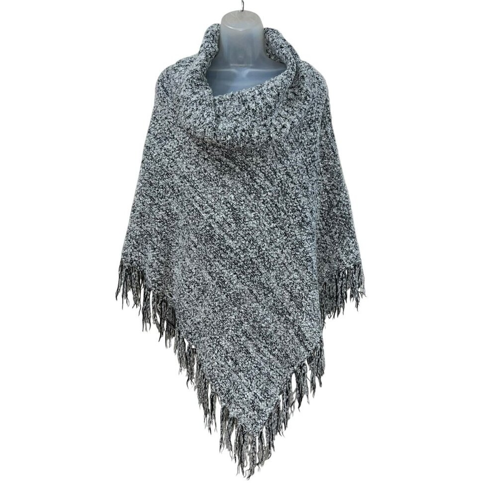 United States Sweaters Womens Black & White Cowl Neck Poncho With Fringe Hem L